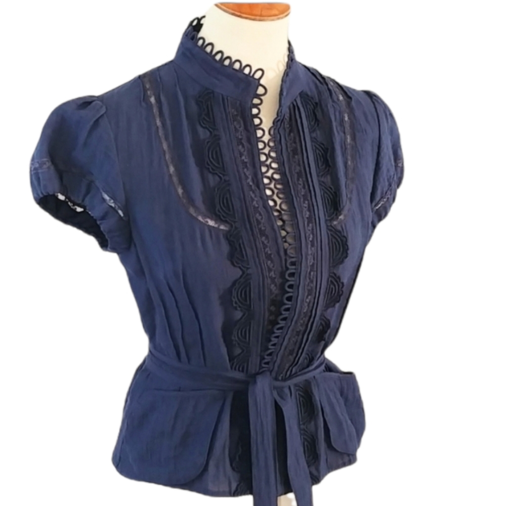 BCBGMAXAZRIA Navy Pintucked Mix Lace Wrap Top